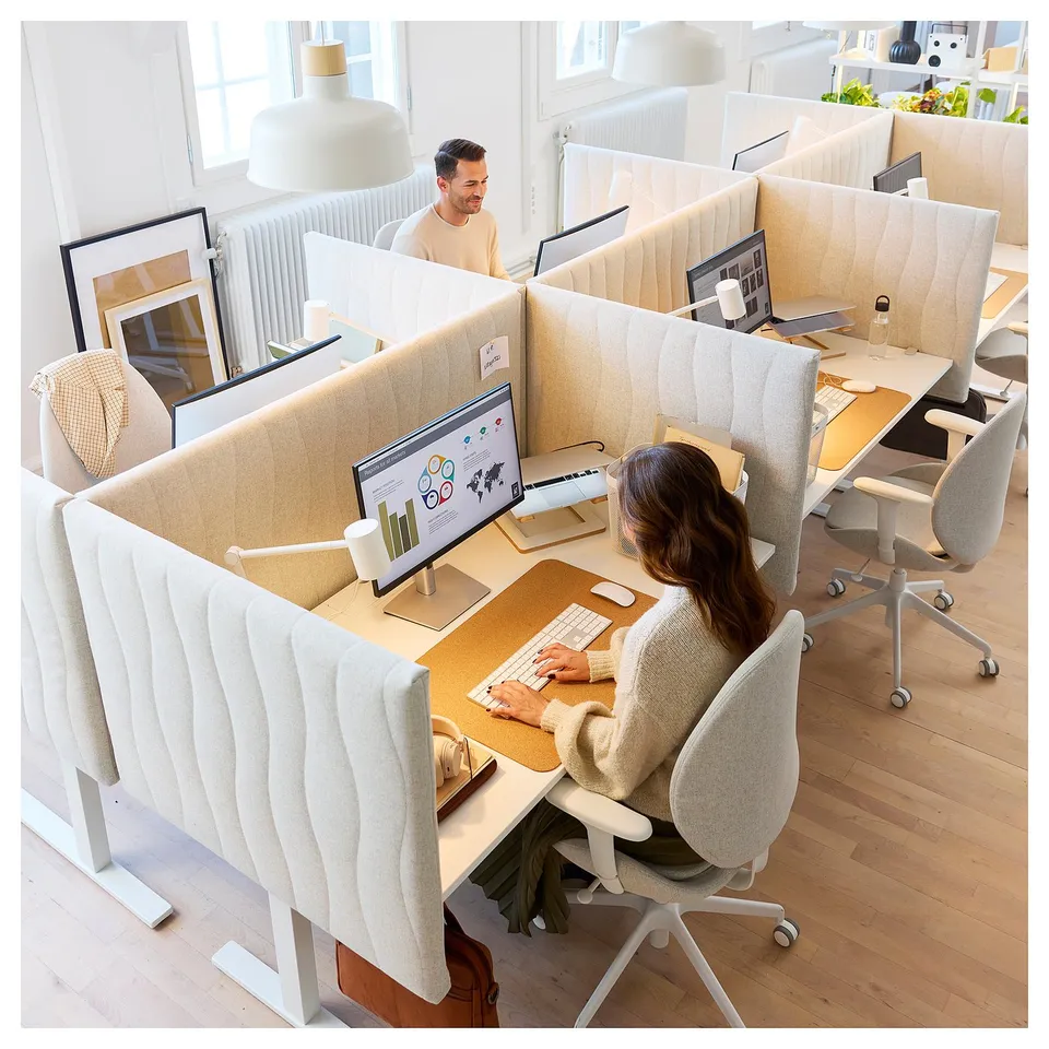 Modern office with acoustic screens for focus. Neutral colours, wood floors, tech desks.
