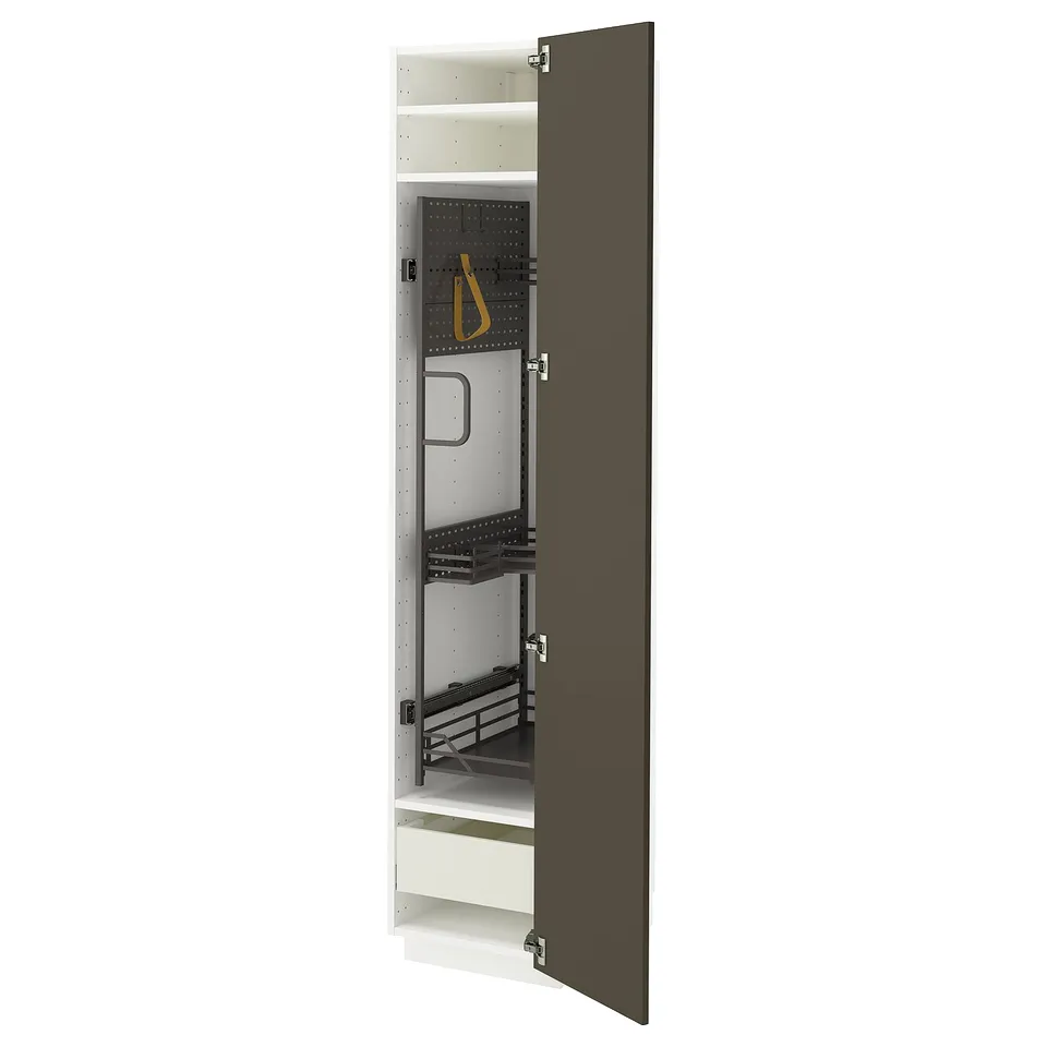 A dark brown/beige METOD kitchen cabinet with pull-out organisers and a 25-year guarantee.