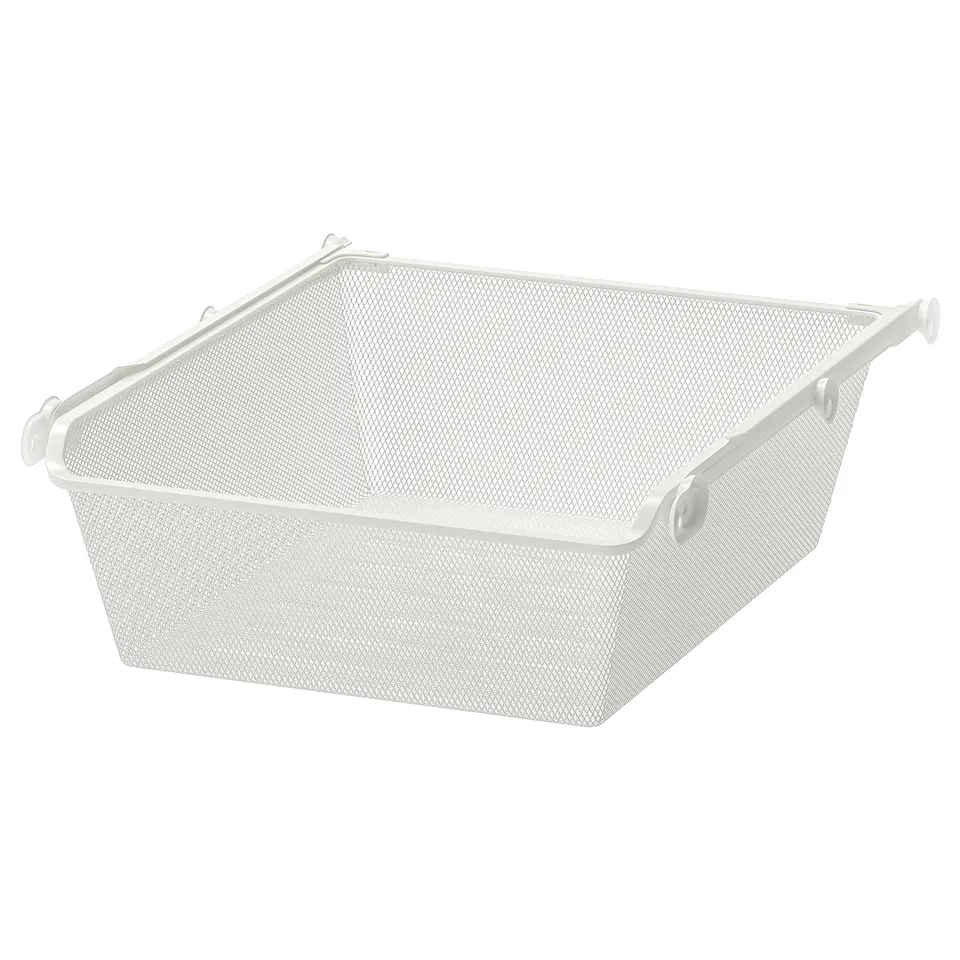 KOMPLEMENT white mesh basket; rectangular, breathable, organises clothes, attaches easily to drawers or wardrobes.