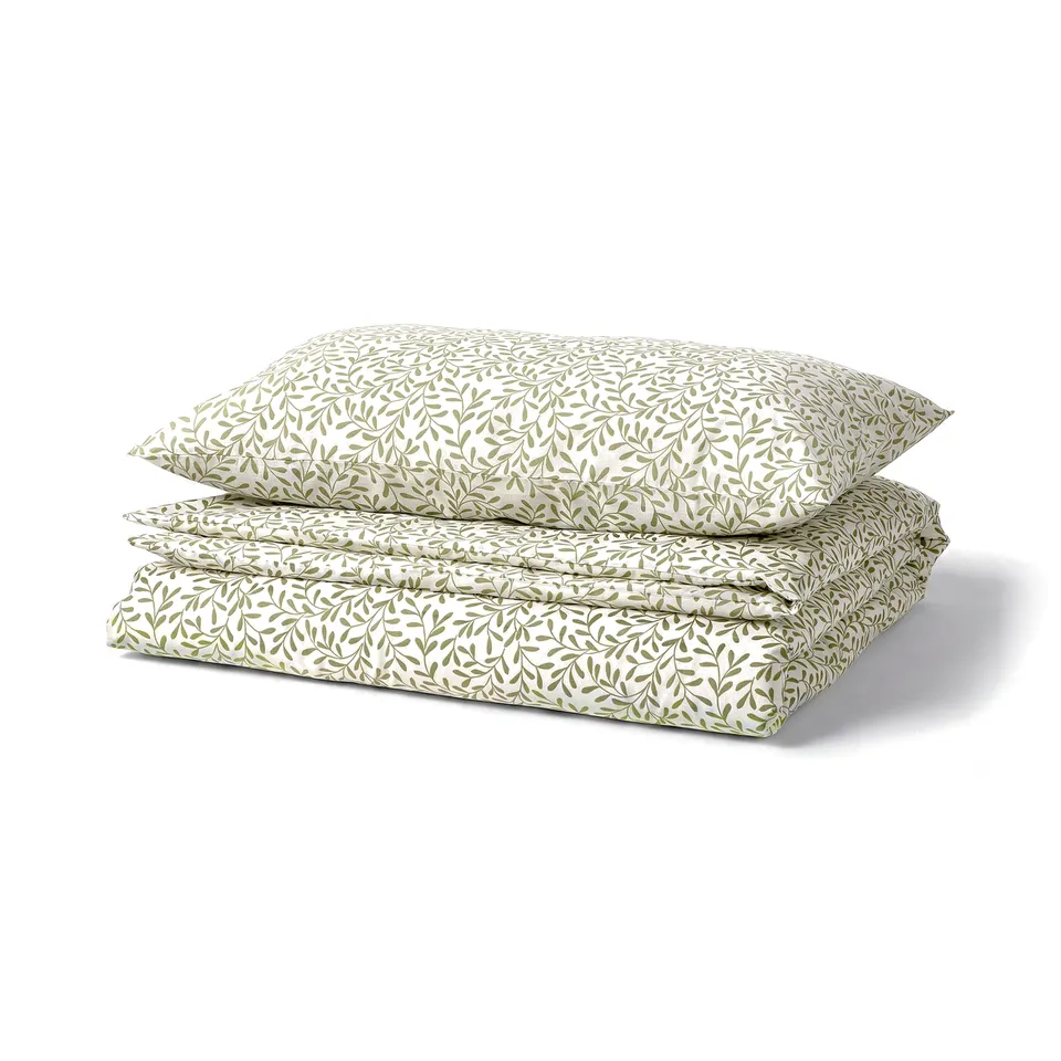 SORGMANTEL bedding set, light green leaf pattern, folded, 65% cotton, 35% recycled polyester.