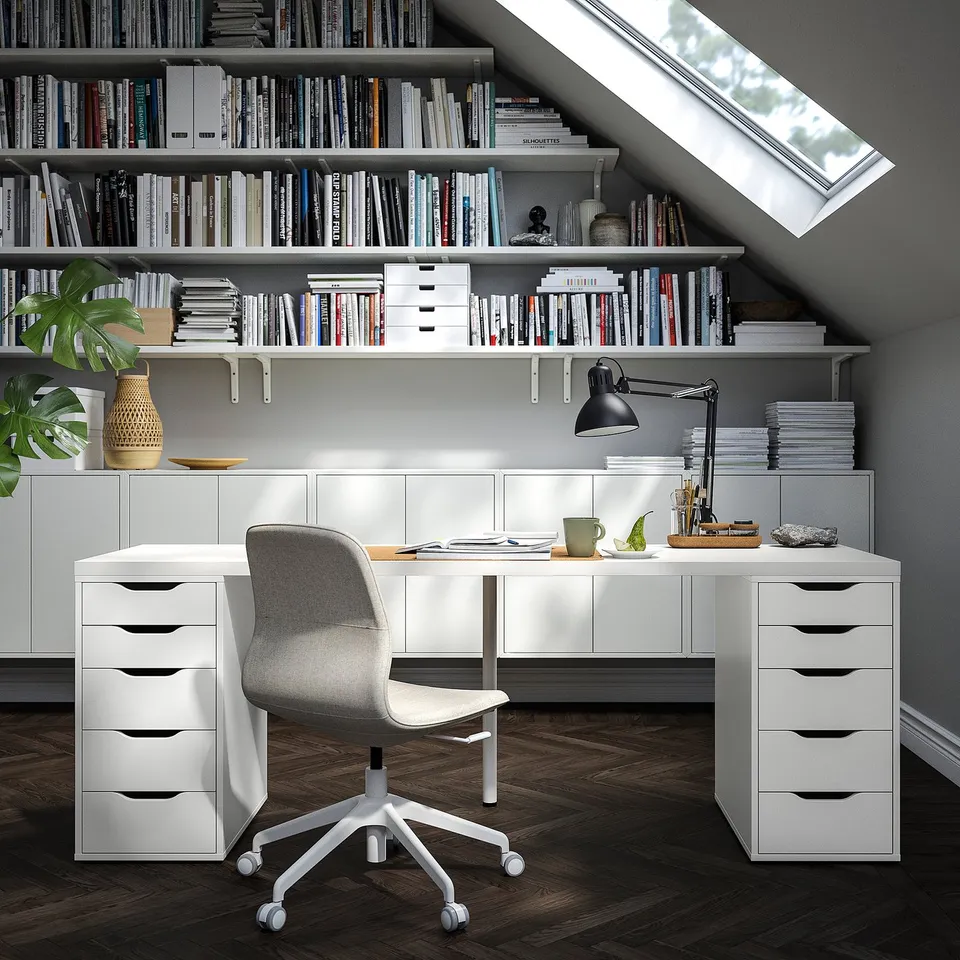 Home office with LAGKAPTEN desk, shelves, chair, skylight.