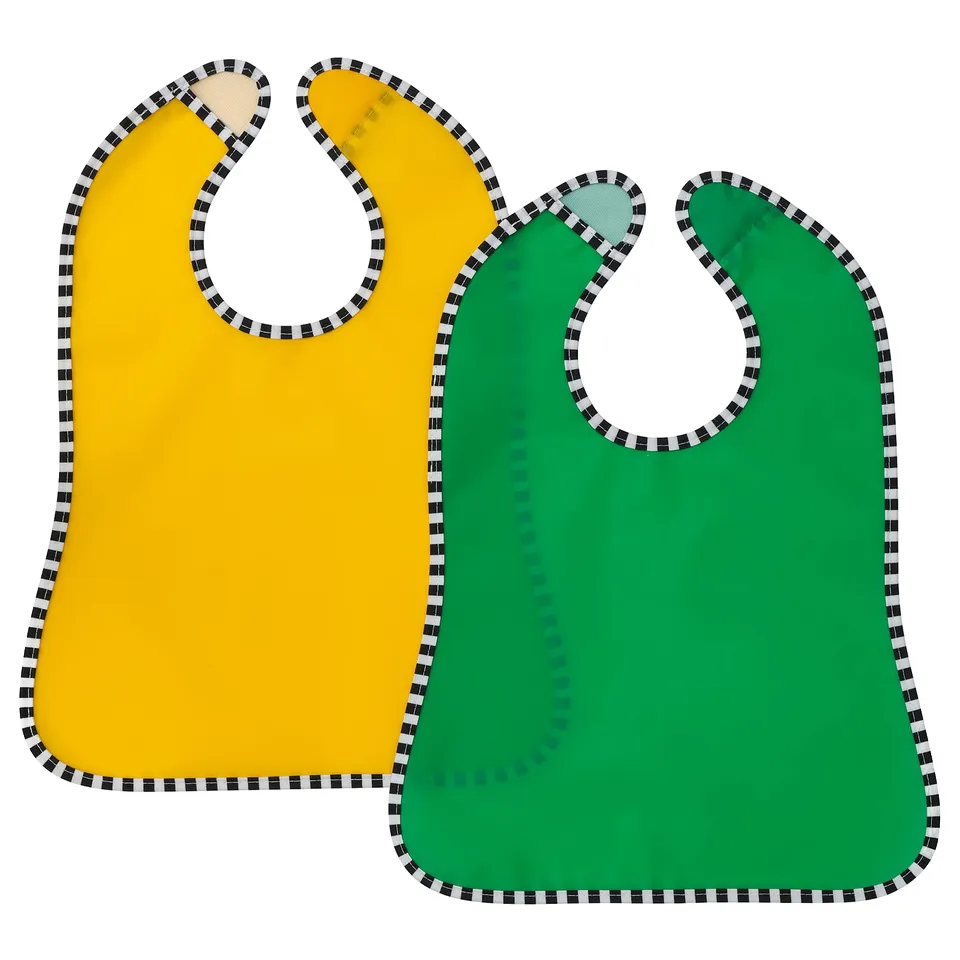 Two colourful bibs: yellow and green, made from recycled materials, with adjustable fasteners and smooth edges.