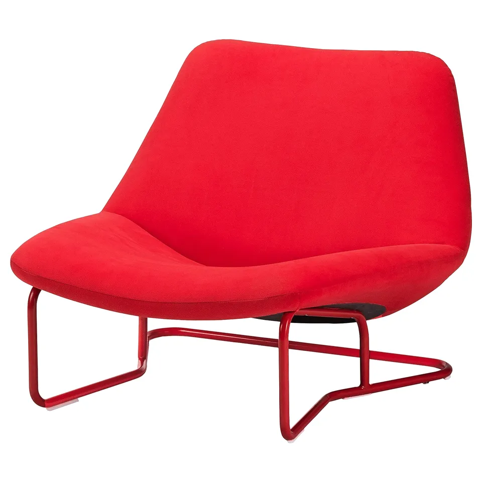 A red SOTENÄS armchair with tubular legs and modern design. Its upholstered in recycled fabric and polyester.