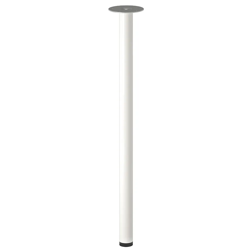 White LINNMON table leg, round, adjustable feet.