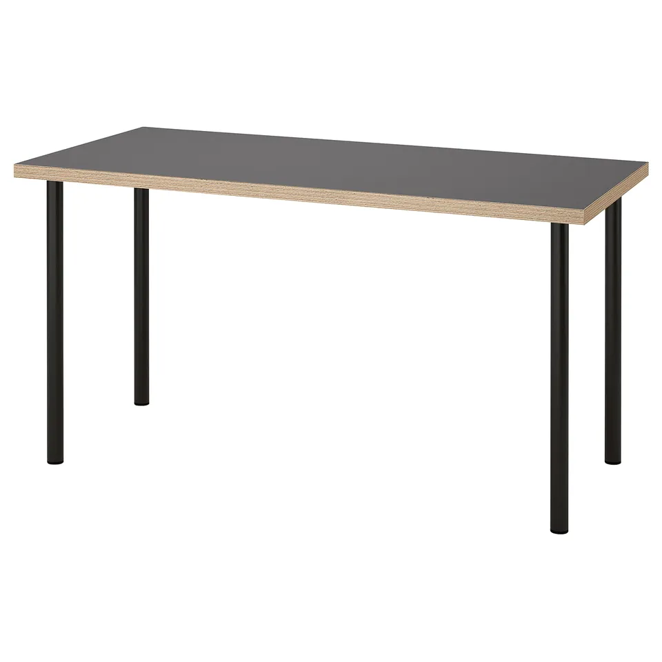 LAGKAPTEN desk: grey top, black legs, rectangular shape.