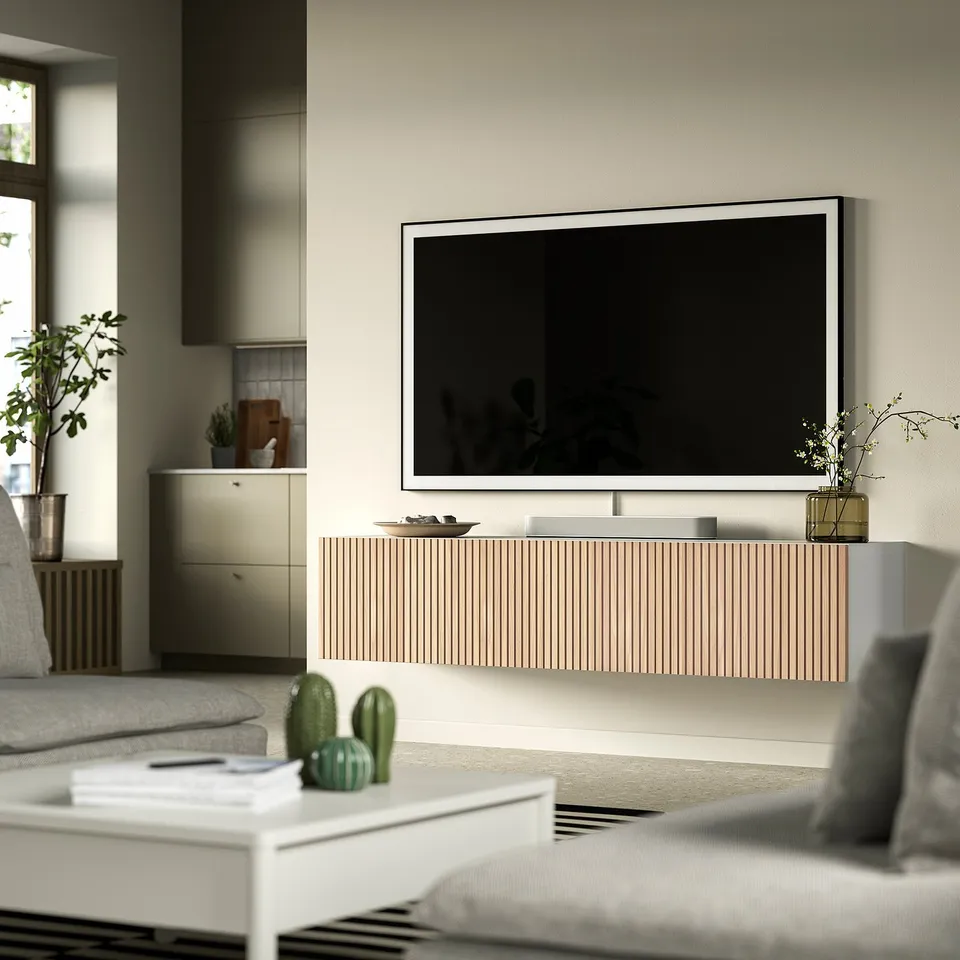 BESTÅ TV bench with doors, white Björköviken/oak veneer, 180x42x38 cm