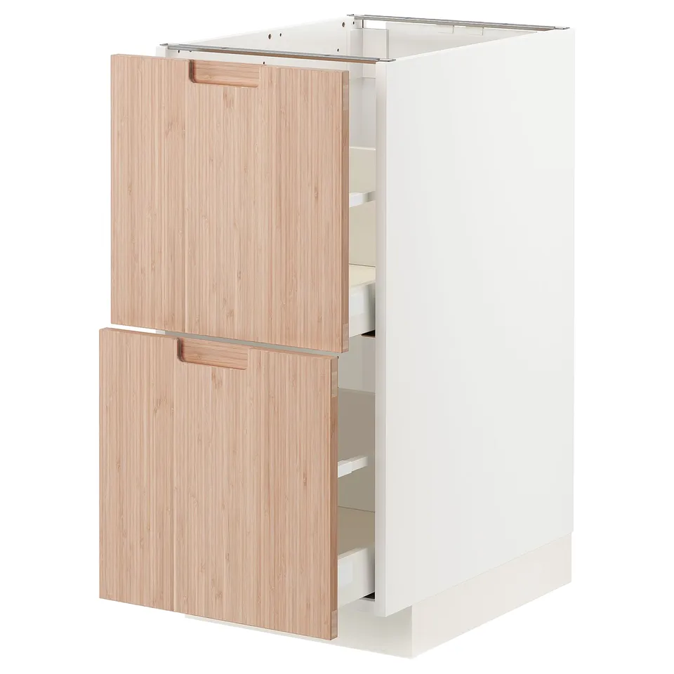 Ikea METOD kitchen unit, white & light bamboo, two drawers, sleek design.