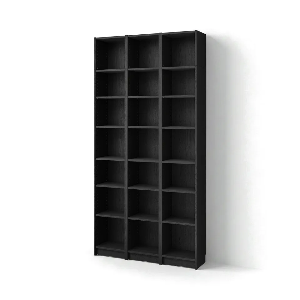 Black BILLY bookcase, tall, wooden, rectangular, multiple empty shelves, minimalist design.