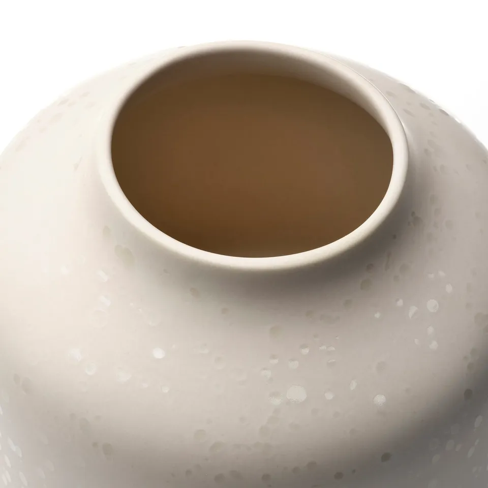 Smooth, speckled matte vase with wide opening, crafted from stoneware, high-quality feel.