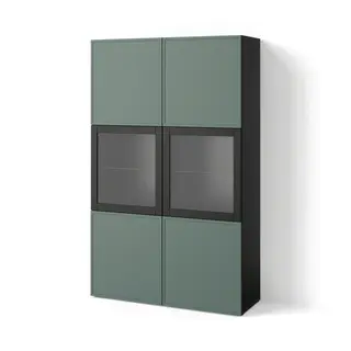 BESTÅ storage combination w glass doors, black-brown/Krukmakare dark grey-green, Width 120 x Depth 42 x Height 193 cm