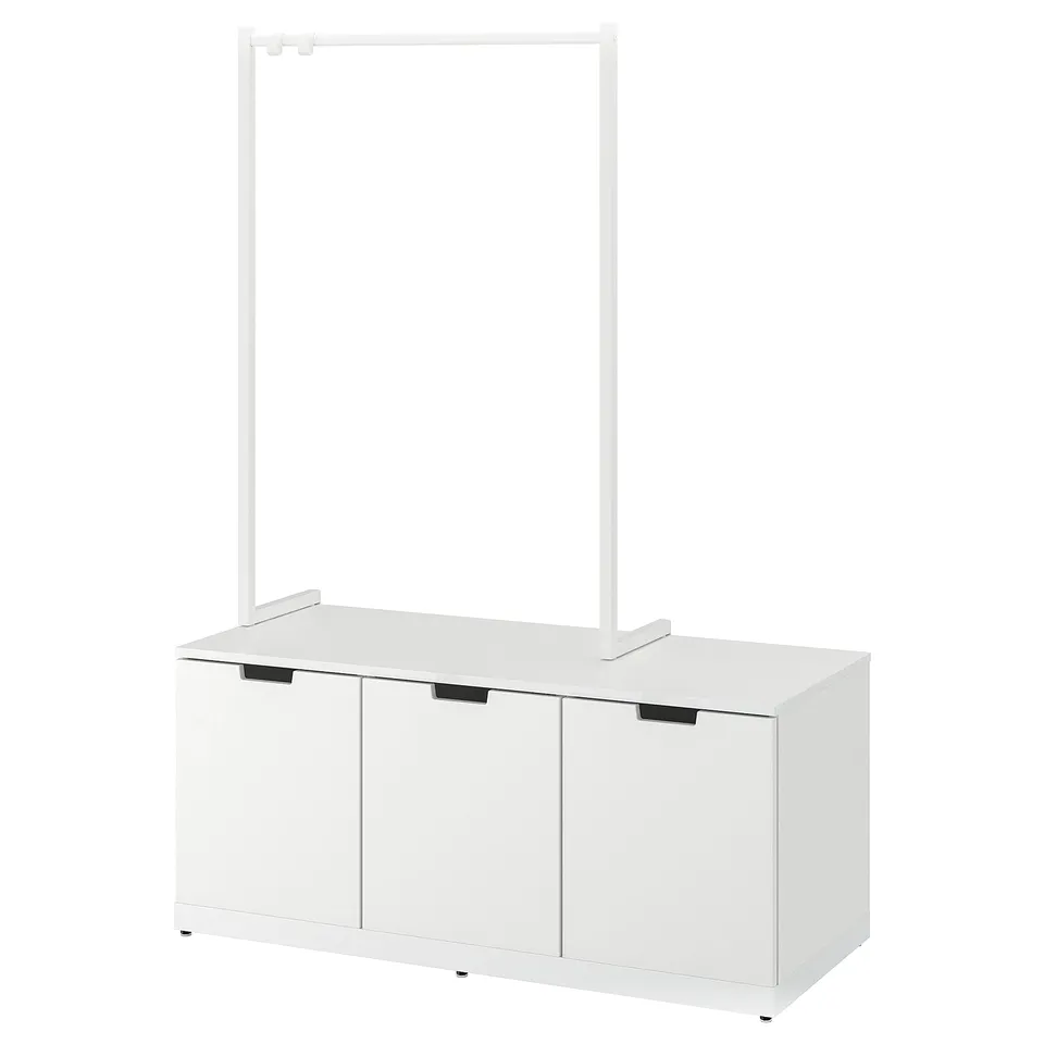 NORDLI white cabinet, modern minimalist design with two sliding doors, includes top clothes rail.