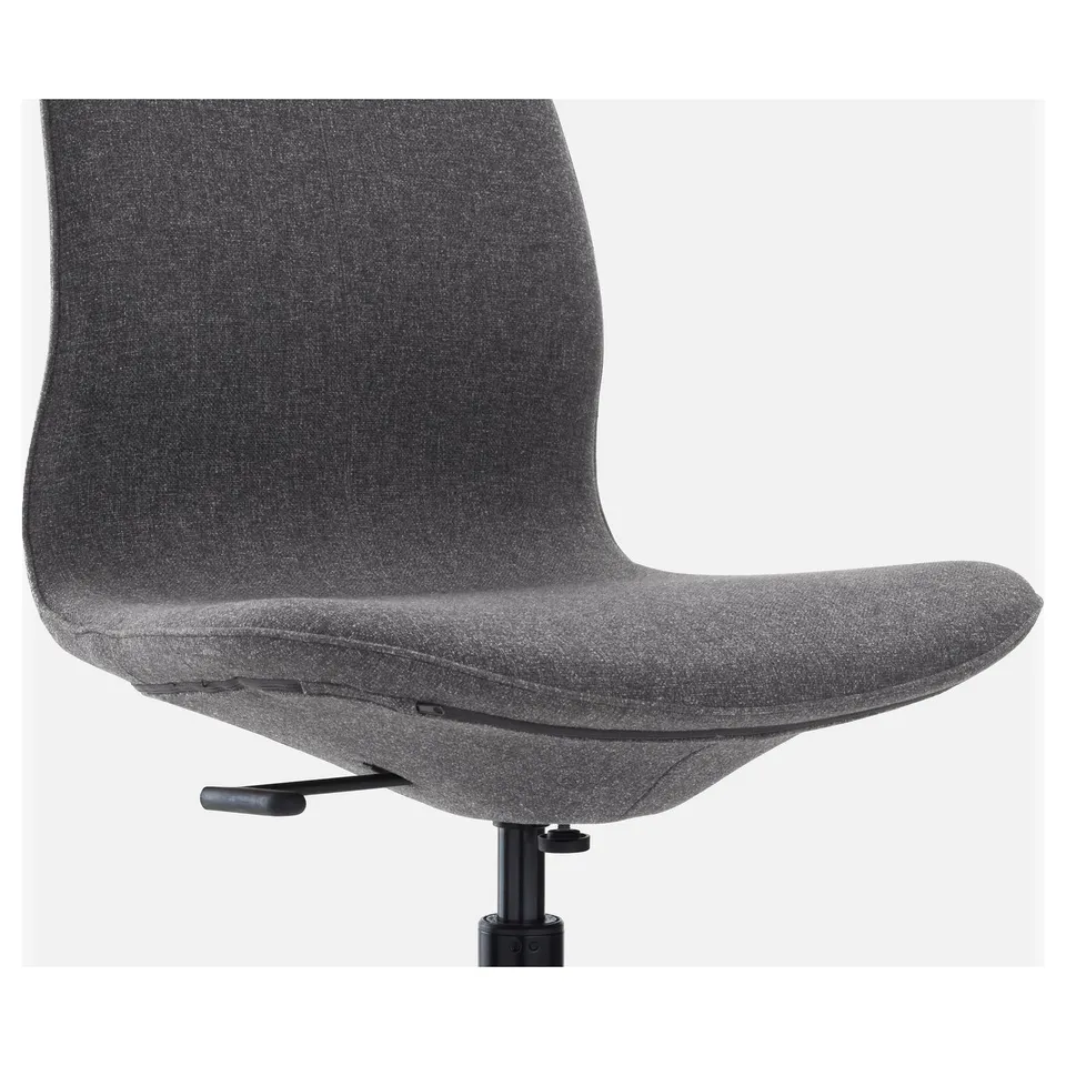 Grey office chair with adjustable seat and tilt function, lumbar support.