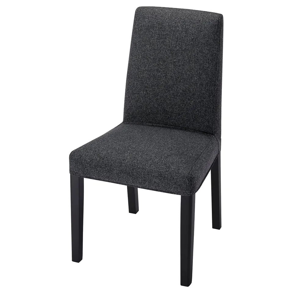 Modern grey chair, upholstered, high back, wooden legs, simple design.