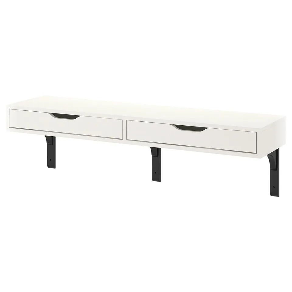 White EKBY ALEX wall shelf with drawers and dark metal brackets.