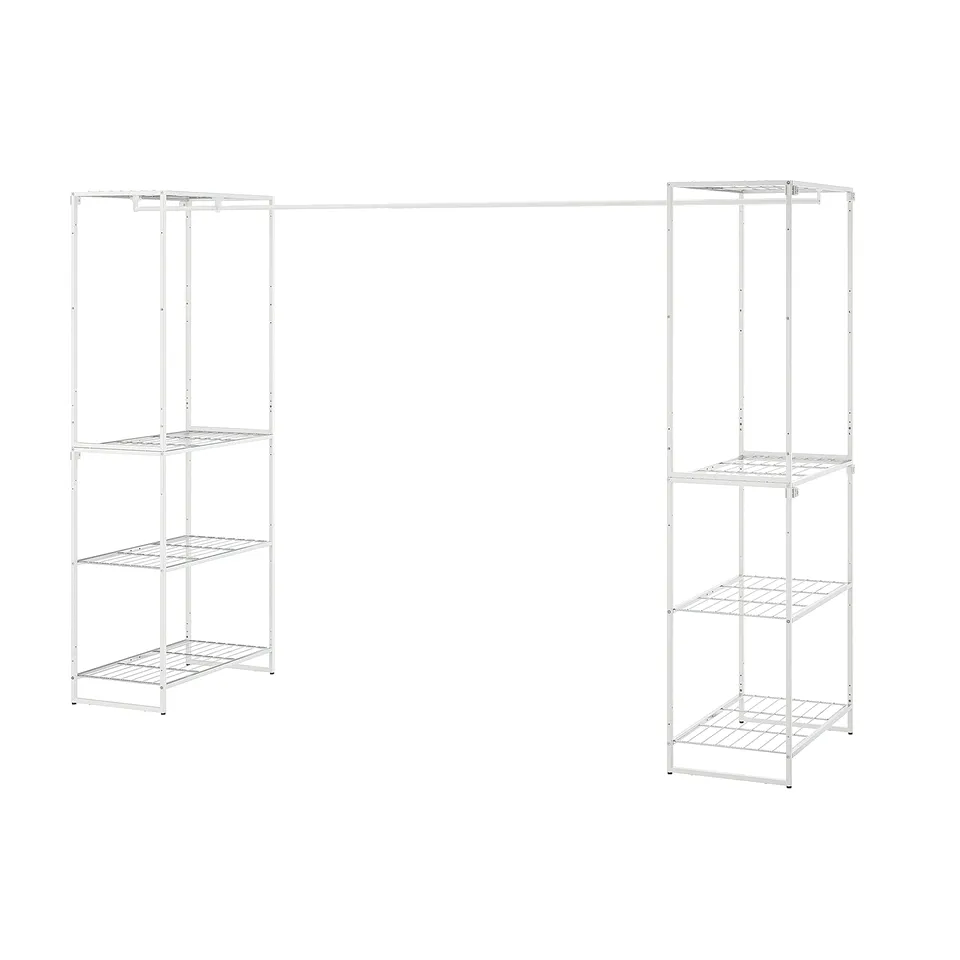 JOSTEIN white storage system with adjustable clothing rod and metal shelves for versatile indoor and outdoor use.