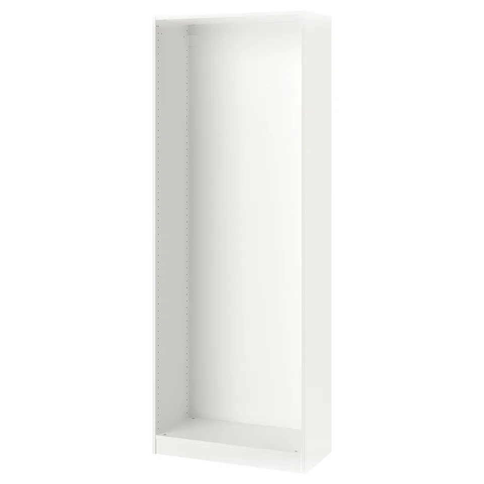 A white ikea PAX wardrobe frame. Its tall, rectangular, and made of particleboard with a melamine finish. It stands on adjustable feet.