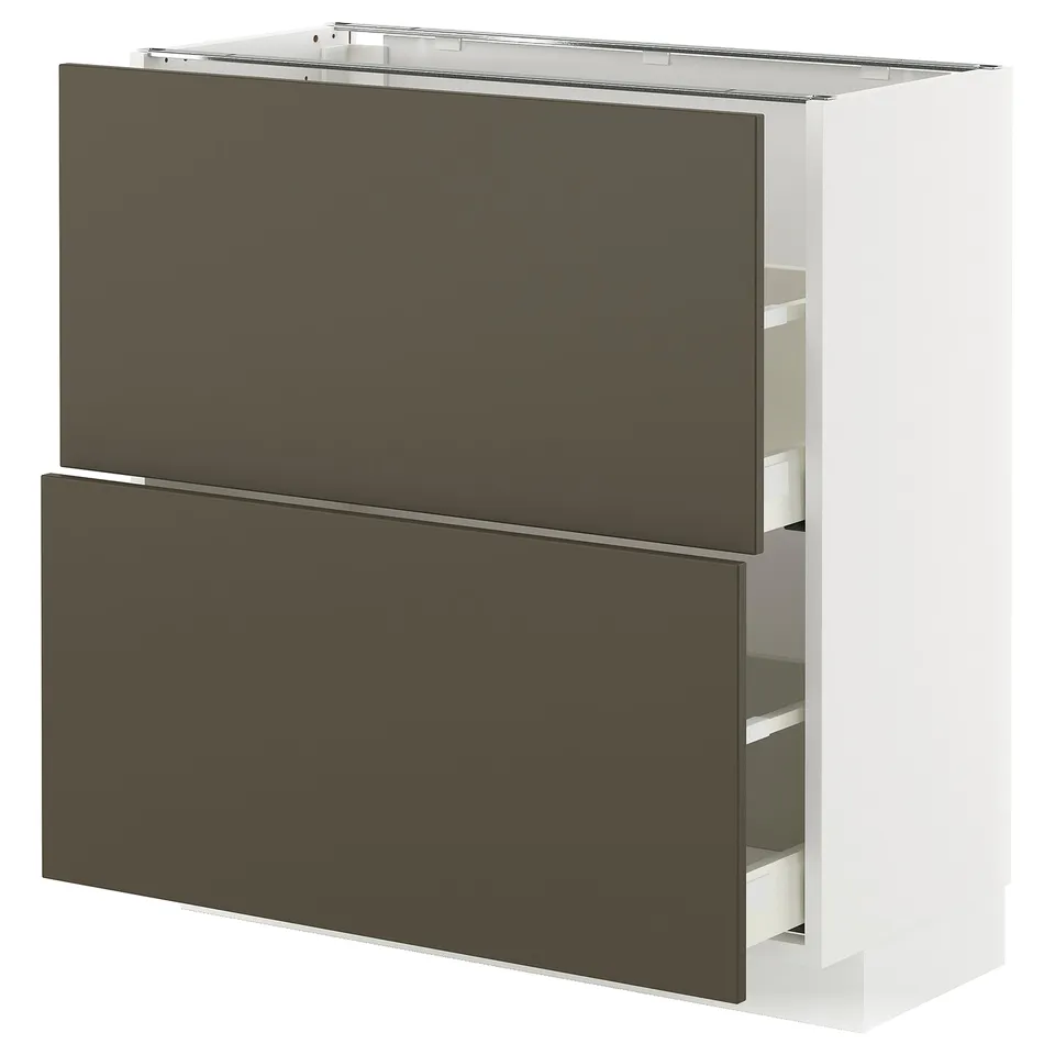 A modern ikea kitchen unit named METOD with dark brown havstorp fronts and white sides, featuring smooth drawers.
