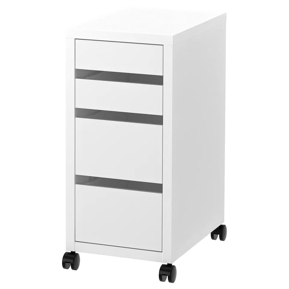 A white MICKE mobile filing cabinet with four drawers on wheels.