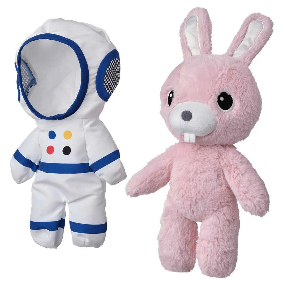 Two soft toys: astronaut rabbit in white/blue suit, pink fluffy rabbit. Made from 100% recycled polyester.
