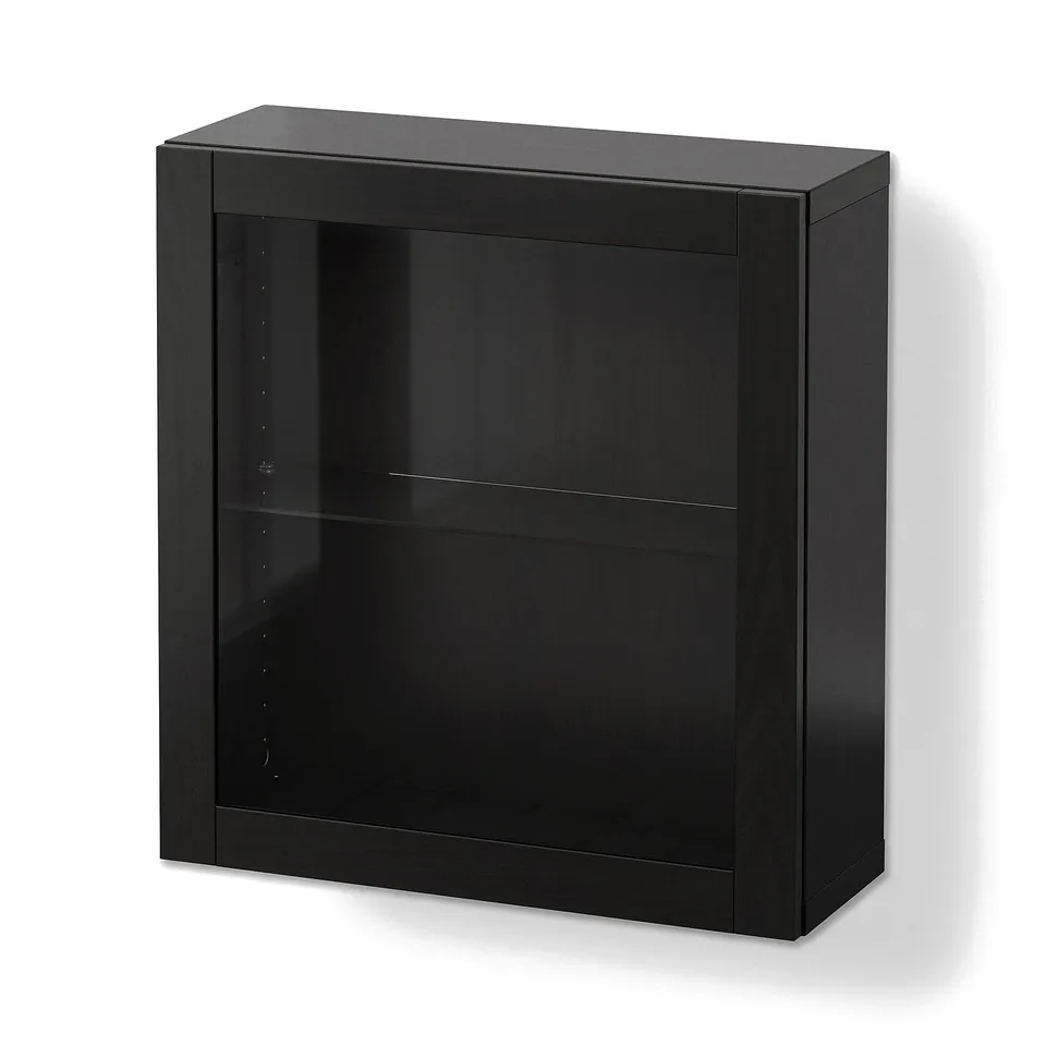 BESTÅ Wall-mounted cabinet combination, black-brown/Sindvik black-brown clear glass, 60x22x64 cm