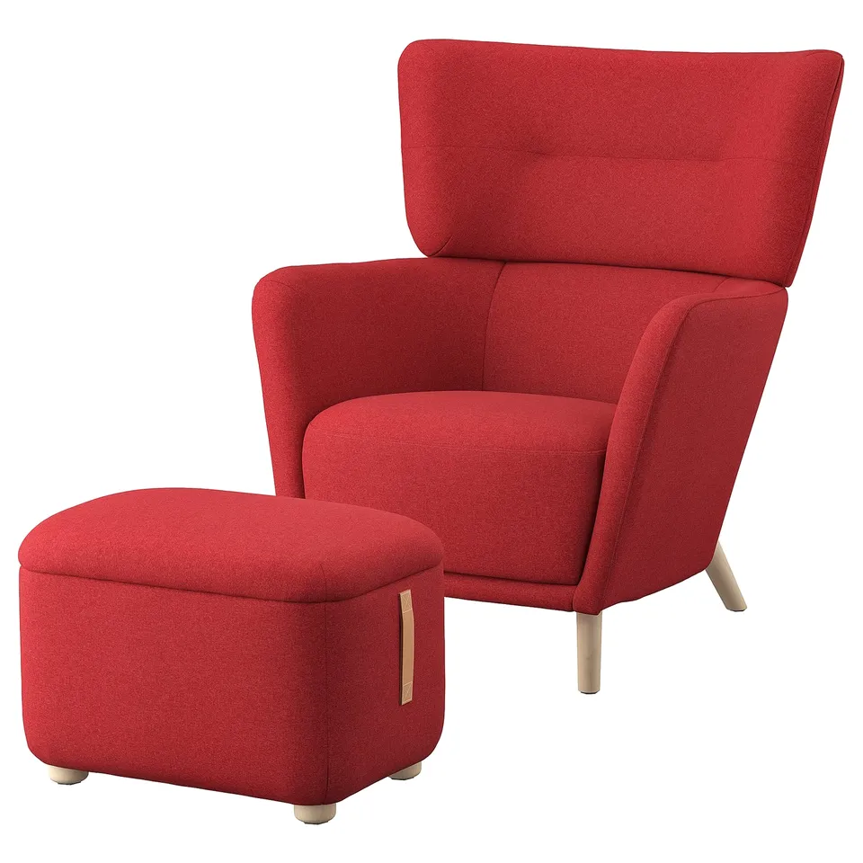 Bright red OSKARSHAMN armchair and footstool, modern design with wooden legs, upholstered in recycled polyester.