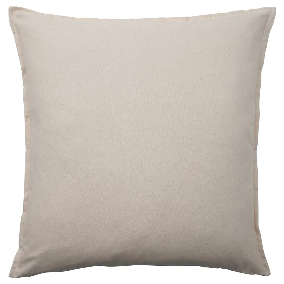 A square, beige GURLI cushion cover made of recycled cotton with a simple, elegant design.