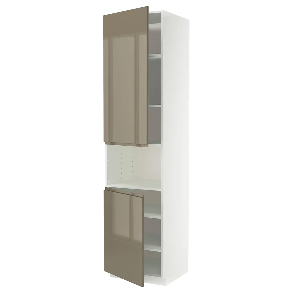 White METOD cabinet with glossy beige doors, open shelves on top, partially closed bottom.