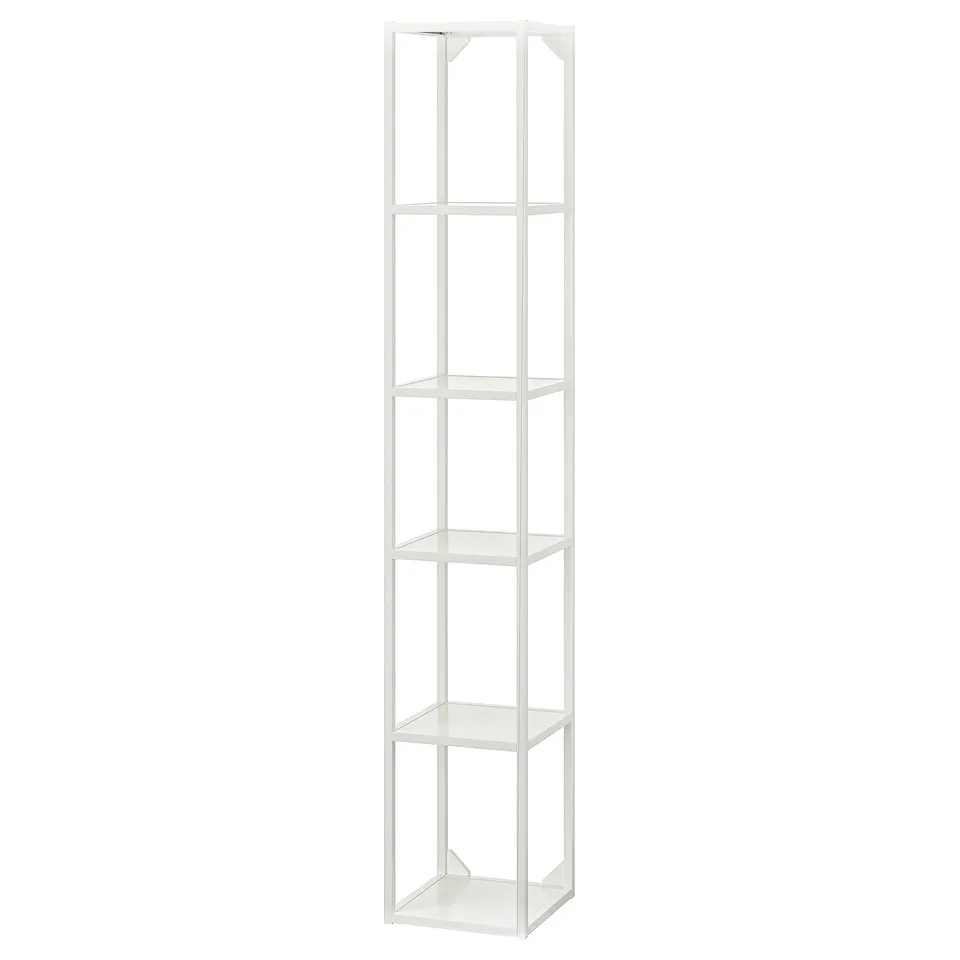 ENHET white storage unit, sleek and tall with multiple glass shelves, modern minimalist design.
