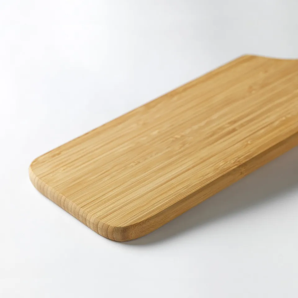 Smooth, rectangular bamboo cutting board on a white surface.