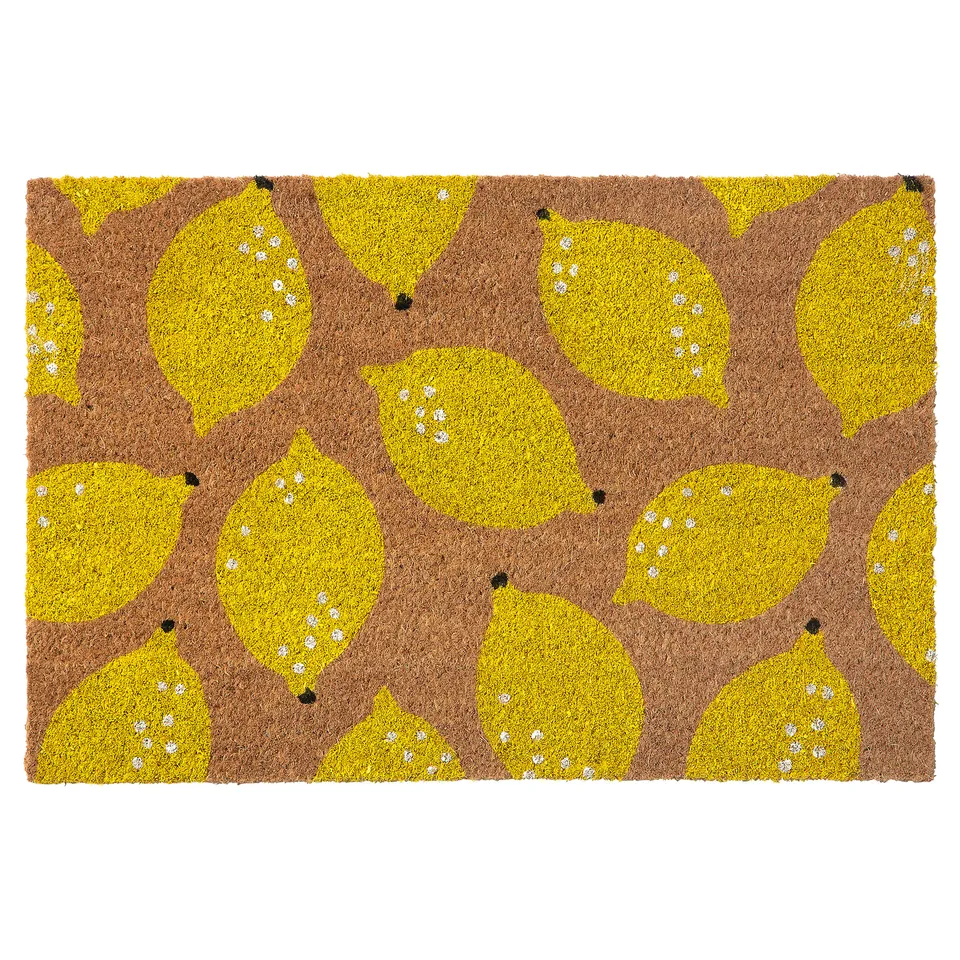Bright yellow lemon patterned door mat. Rectangular shape, natural brown edges.