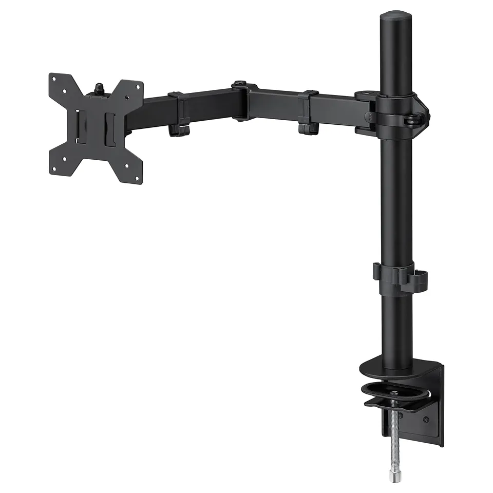 Black monitor arm mount, adjustable, clamps to desk, stabilises screen, reduces strain.