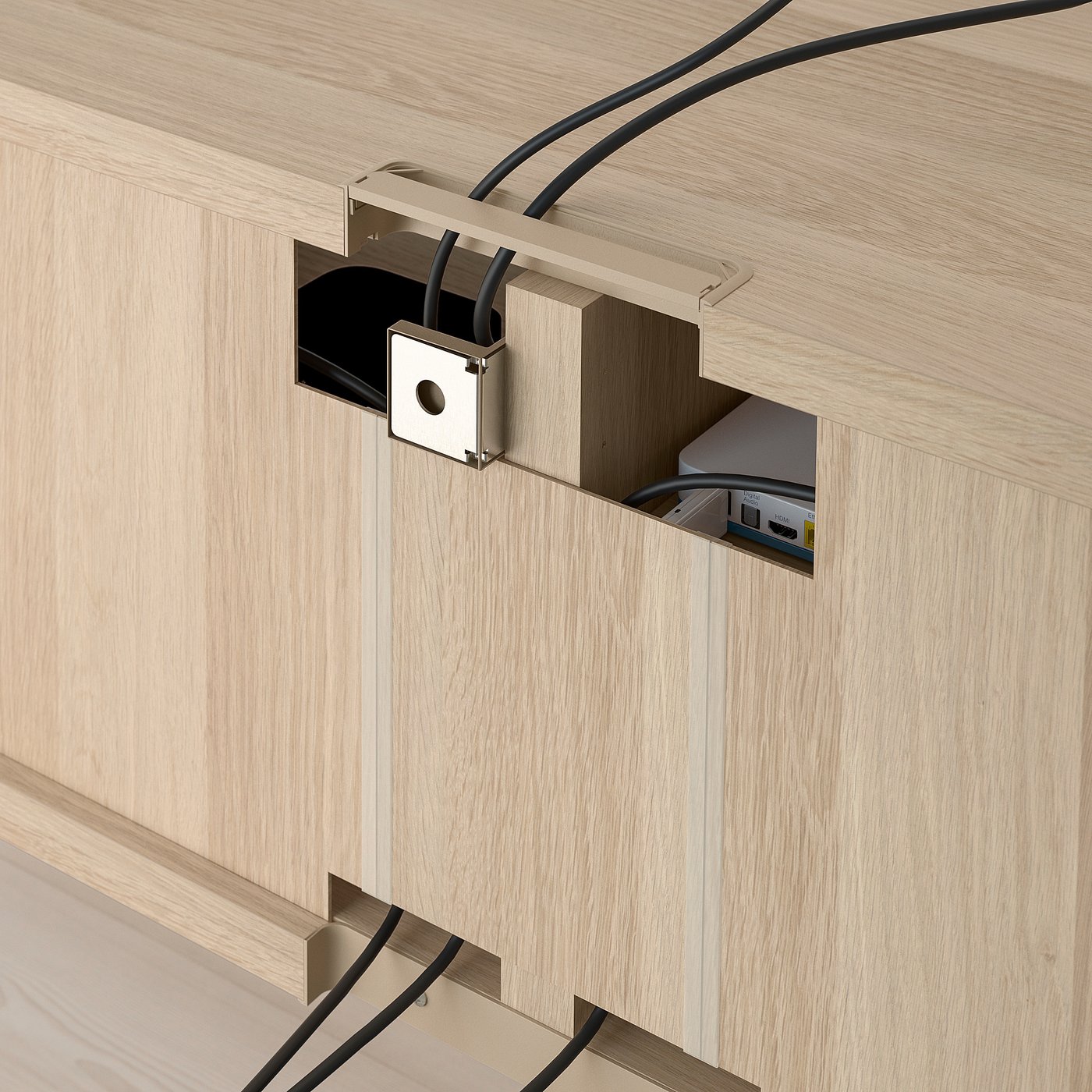 Wooden tv bench with cable management, central compartment, soft-close drawers, elevated design.