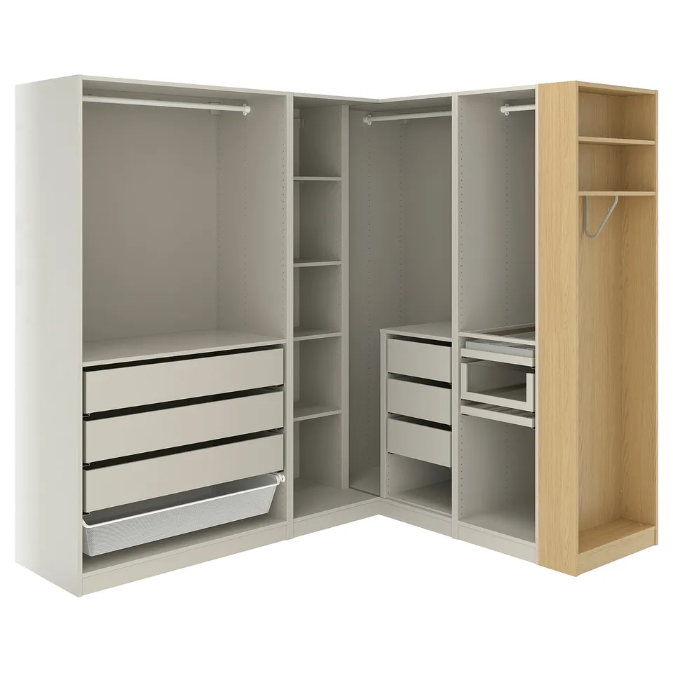 PAX Corner wardrobe, grey-beige/grey-beige oak veneer, 210/180x201 cm