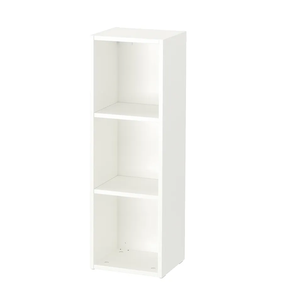 A white smagora shelf with three open compartments, designed for storing toys, books, or other items, suitable for both floor and wall placement.