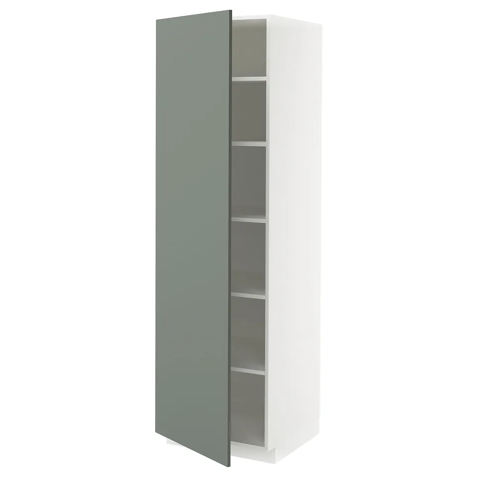 A tall white cabinet with a green door featuring adjustable shelves.