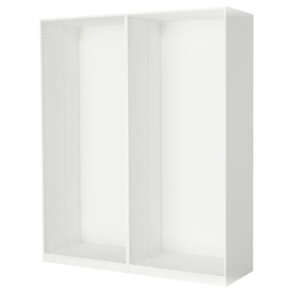 An ikea PAX wardrobe frame, white, rectangular, with an open structure and adjustable feet.