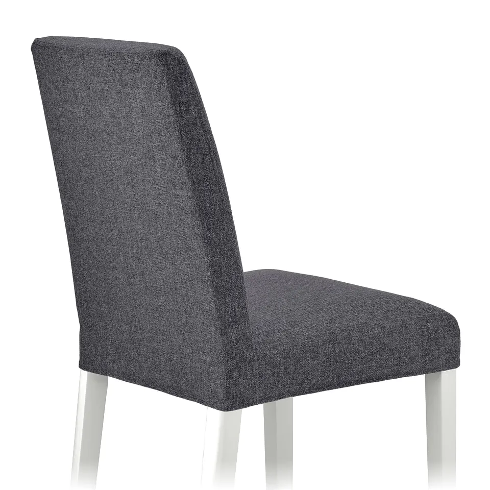 Comfortable BERGMUND chair with aligned back and seat, upholstered in soft, dark grey fabric, supported by sturdy white legs.