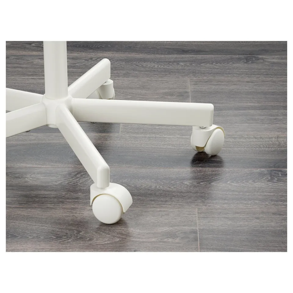 White chair with wheels on a wooden floor; focus on sturdy construction and quality materials.