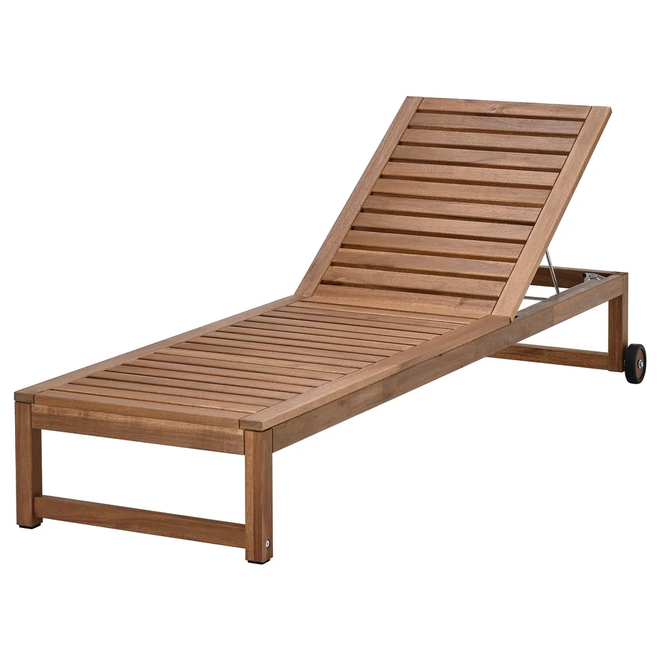 NÄMMARÖ brown wooden adjustable lounge chair with wheels for outdoor use.