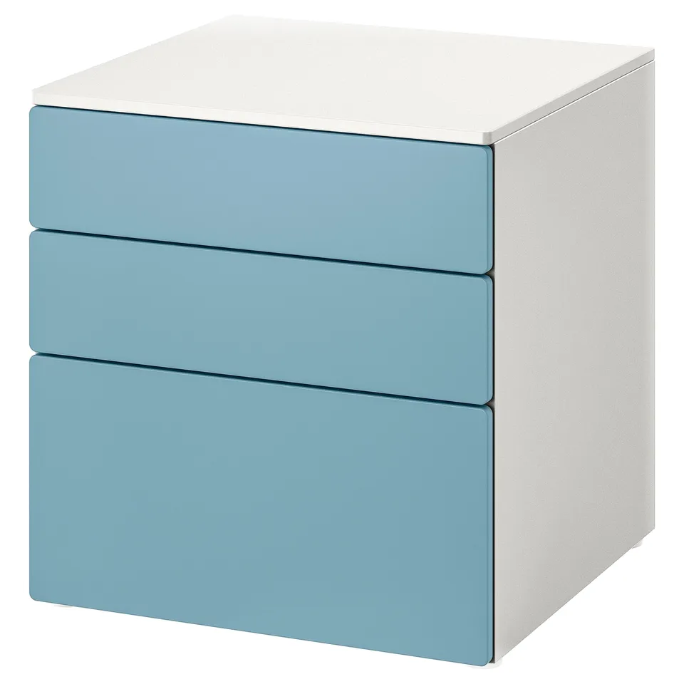 A white and light blue SMÅSTAD chest of drawers. It has three drawers, a square shape, and a modern design.