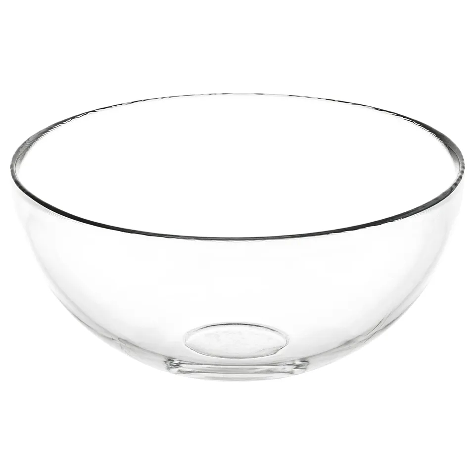 A clear glass BLANDA bowl, round and transparent, with a smooth edge and wide base, designed for serving.