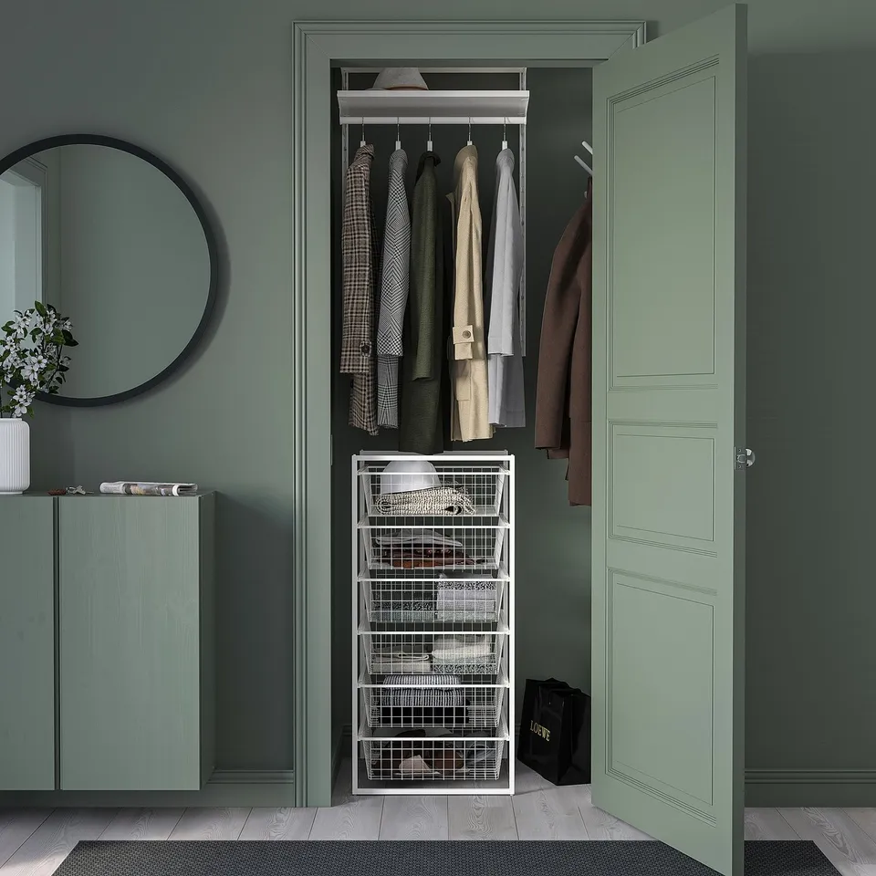 JONAXEL white storage with wire baskets, minimalist closet organiser.