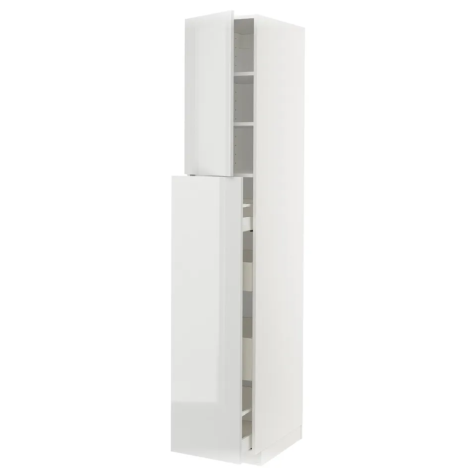 A white METOD kitchen cabinet with high gloss finish and open drawers and door, revealing inner shelves and drawers.