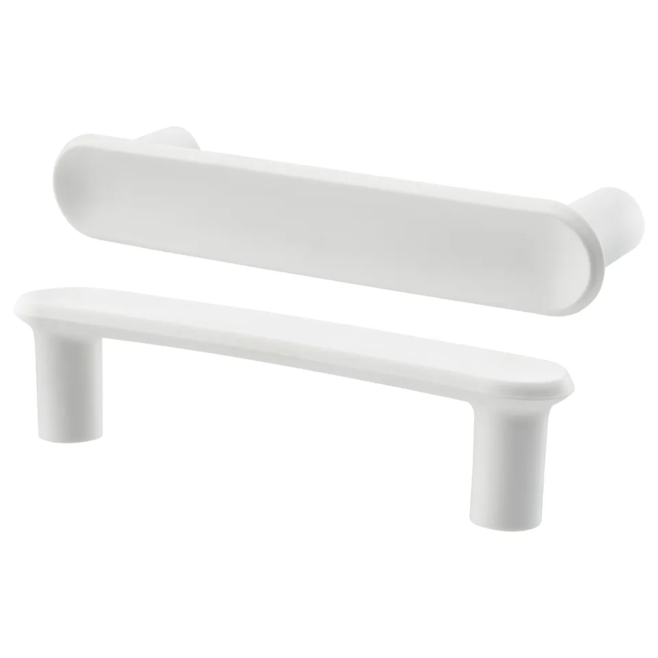 Two white plastic cabinet handles, one horizontal and one angled, minimalist design.