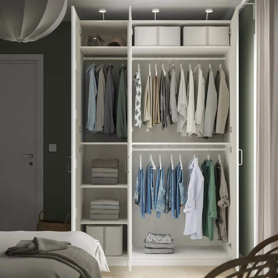 Wall-mounted wardrobe with hangers, shelves, and storage boxes for clothes and accessories.