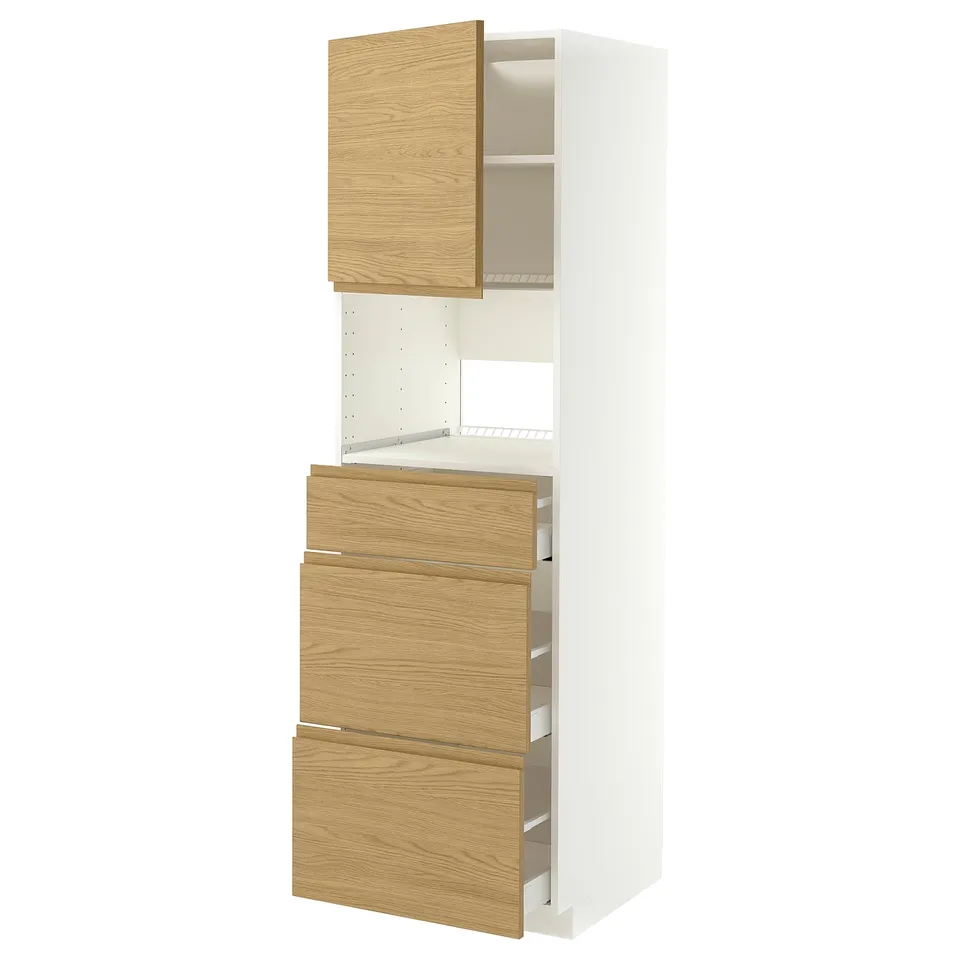 A modern white METOD kitchen unit with oak-colored drawers and a cabinet. It has a minimalist design with built-in handles.