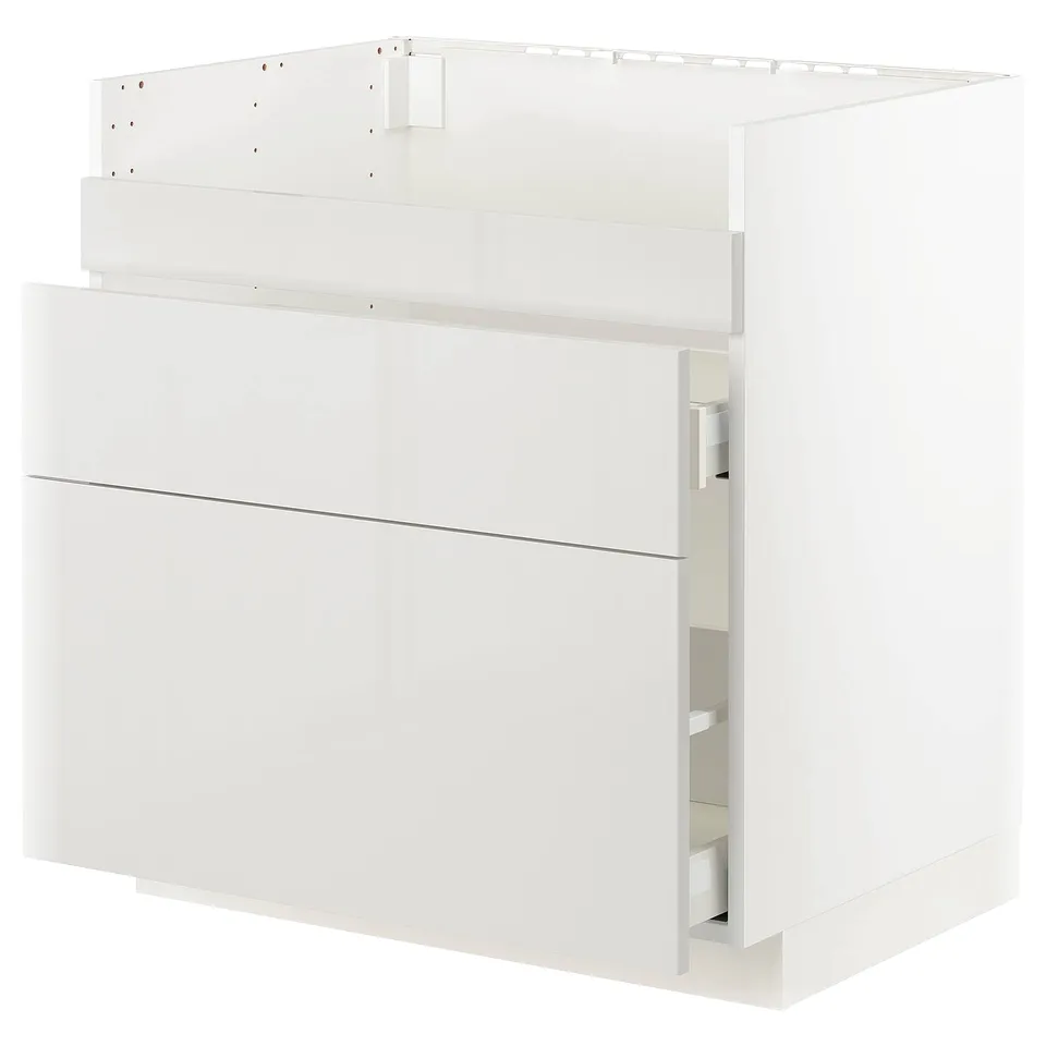 METOD white cabinet: modern, glossy, rectangular, three drawers, slim handles, clean lines.
