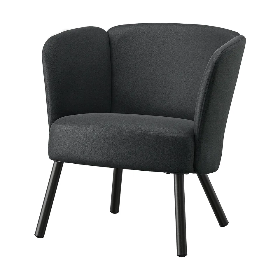 Black HERRÅKRA armchair with rounded shapes, metal legs, upholstered in skulsta fabric.