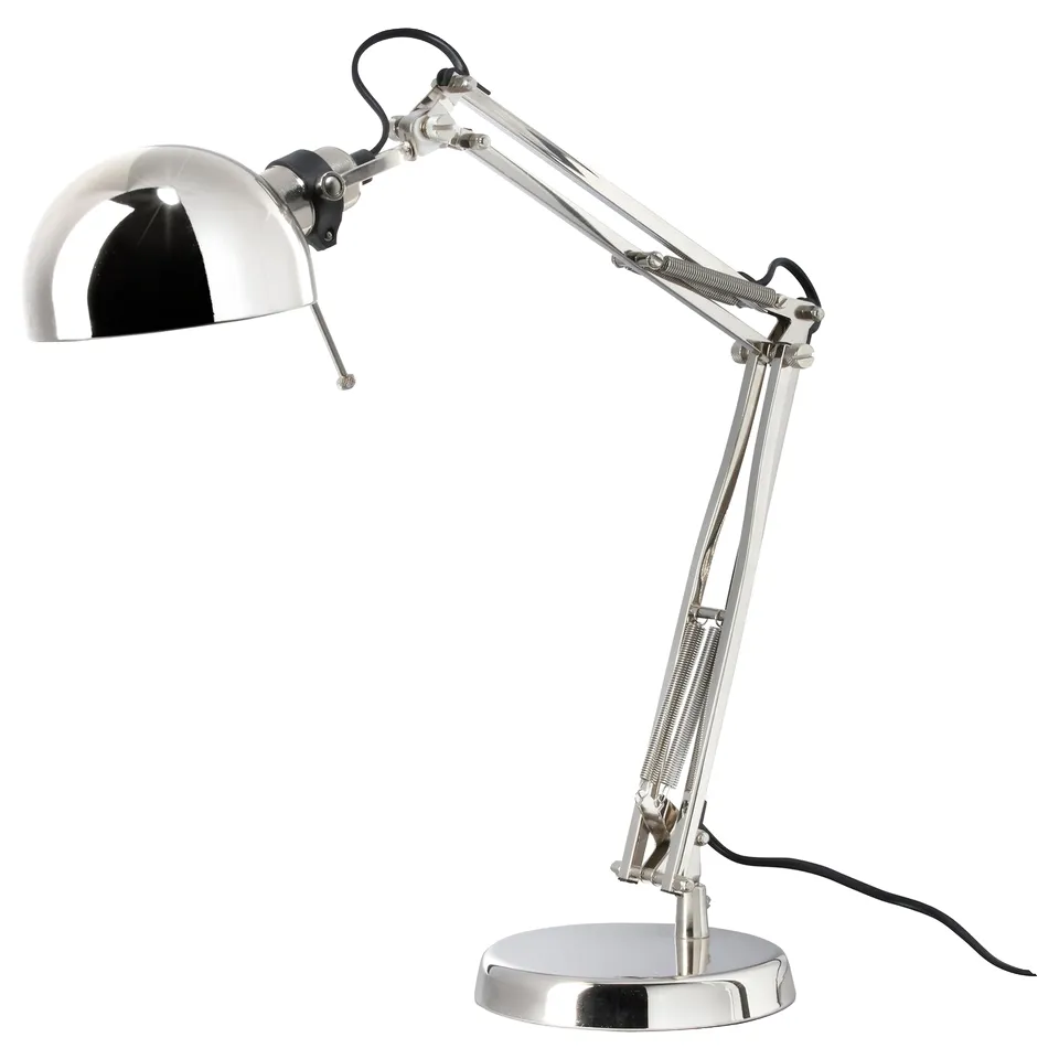 FORSÅ silver desk lamp with adjustable arm and round shade.