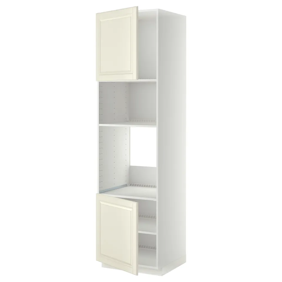 Off-white METOD cabinet with two doors, adjustable shelves, fiberboard, traditional design.